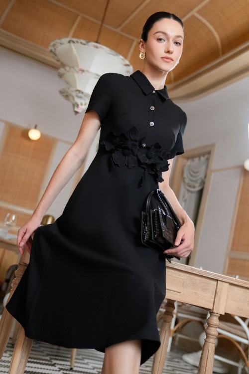 Sixdo Black 3D Flower Woven Flared Dress